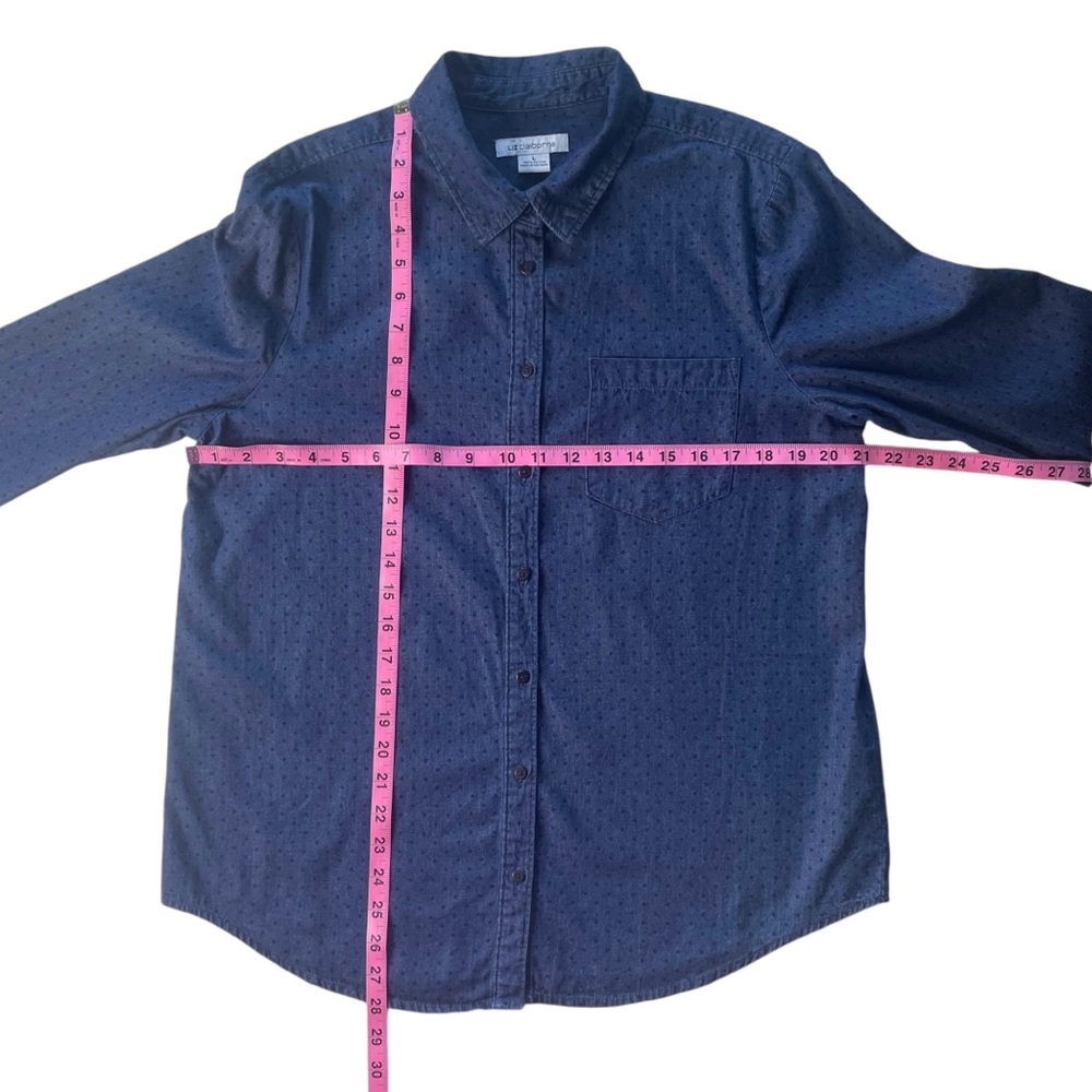 LIZ CLAIBORNE Navy Blue Cotton Blouse Shirt SZ L Casual Comfy Chambray Polka Dot - Picture 13 of 16